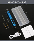 Blue mini cordless engraving pen with USB cable beside a clear plastic bit storage case and manual