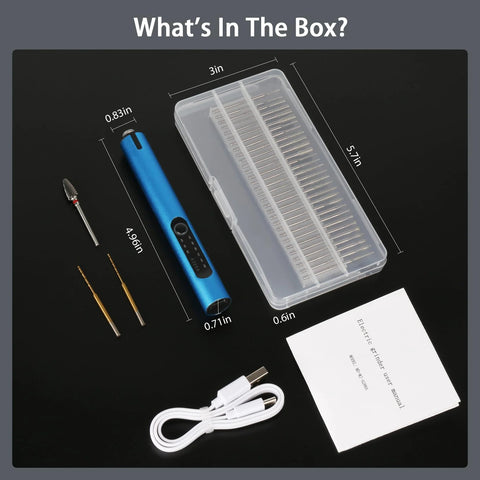 Blue mini cordless engraving pen with USB cable beside a clear plastic bit storage case and manual