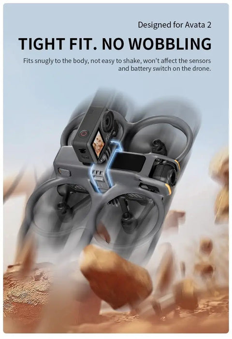 Avata 2 Drone Action Camera Mount Holder for DJI Action 5 and 4 attached securely on drone in rocky terrain.