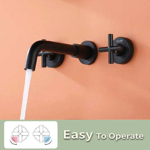 Matte Black Wall Mount Bathroom Faucet With Two-Handle Design, Honeycomb Spout For Less Splash shown against orange wall