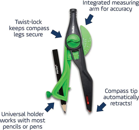 Slick Twist Lock Compass And Protractor Set For Precise Geometry Drafting, showing twist-lock mechanism and pencil holder in green and black.