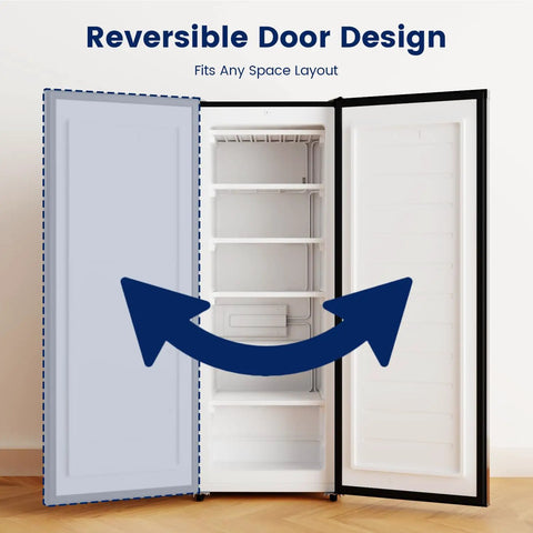 Premium Straight Up Slick 6.5 Cubic Foot Freestanding Upright Freezer For Tight Apartment Spaces No Fuss with reversible door design.