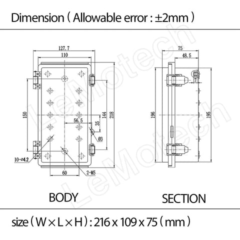 Technical drawing of All-Weather Electrical Junction Box with Hinged Clear Cover, dimensions 216x109x75 mm, IP67 waterproof.