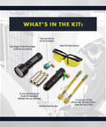 Leak Saver Leak Shot Dye Inject Kit: UV flashlight, AC adapter, yellow safety glasses, dye cartridges, injection gun