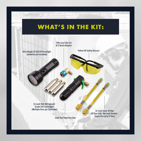 Leak Saver Leak Shot Dye Inject Kit: UV flashlight, AC adapter, yellow safety glasses, dye cartridges, injection gun