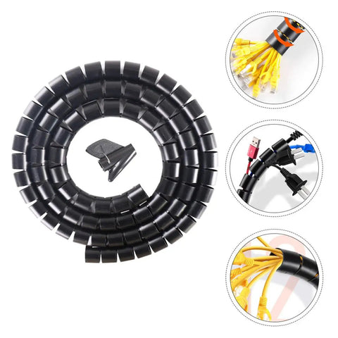 Pet Proof Spiral Cable Sleeve 22mm Black 10m With Cable Organizer Tool Set shown with wrapped cables and cords