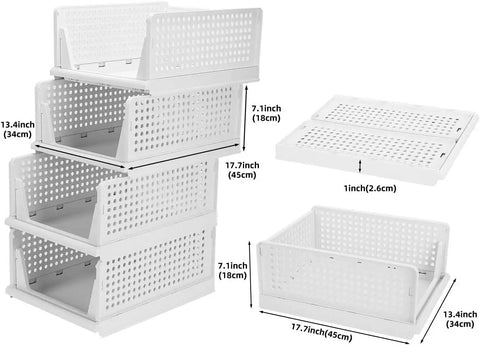 Four Pack Foldable Wardrobe Storage Boxes, Stackable Clothes Drawer Organizers dimensions and collapsed view