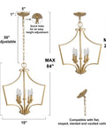Five Light Gold Pendant Chandelier For Dining Room Living Room Bedroom And Kitchen Island With Modern Style And Vintage Gold Finish Sleek Minimalist Fixture For Entryway And Hall Size W19 H24 Inches showing height adjustable chain and mounts for flat and sloped ceilings.