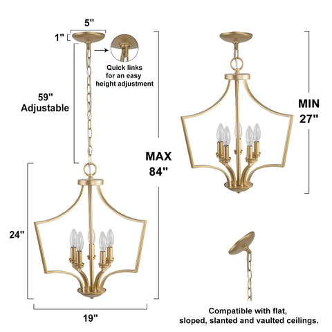 Five Light Gold Pendant Chandelier For Dining Room Living Room Bedroom And Kitchen Island With Modern Style And Vintage Gold Finish Sleek Minimalist Fixture For Entryway And Hall Size W19 H24 Inches showing height adjustable chain and mounts for flat and sloped ceilings.