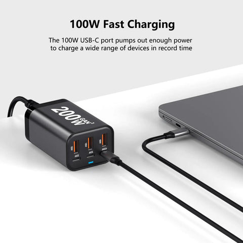 Ultra Fast 200W GaN USB C Charger Station With 6 Ports PPS PD 100W Type C Wall Charger connected to a laptop