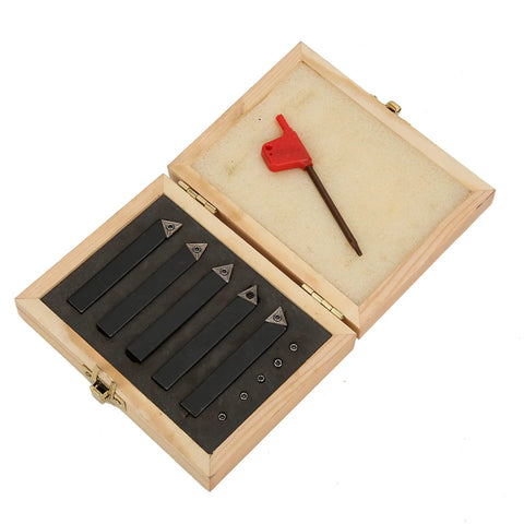 Five-piece 3/8in indexable turning tool set in a wooden case with carbide inserts and a red-handled tool