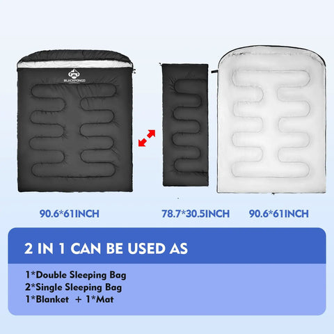 Two Person Sleeping Bag For All Seasons With Wraparound Zippers, XL size splitting into single bags and queen blankets