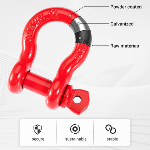 Five Eighths Inch D Ring Shackles Heavy Duty Forged Carbon Steel With Screw Pin Working Load Limit 3.25 Tons 6500 Lbs Towing Rigging And Vehicle Recovery Red 10 Pack showing powder coating, galvanization, and raw materials