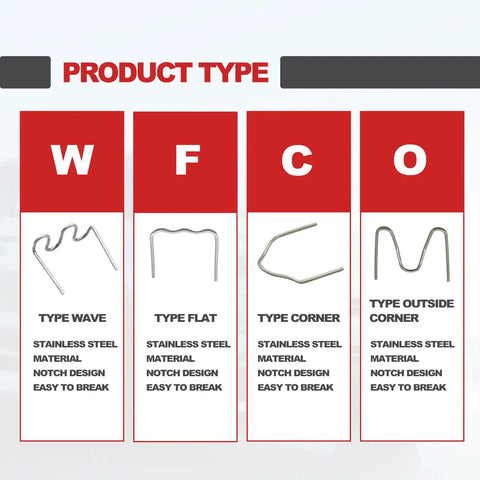 Plastic Welder Staples Kit With 6 Types Hot And Wave Staples showing stainless steel wave, flat, corner, and outside corner types.