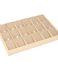 Solid Pine Wood Jewelry Display Tray With Multi Slot Grid Layout For Earrings Necklaces And Bracelets, 18 slots with soft lining.