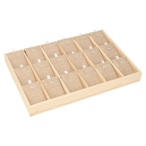 Premium Pine Wood Jewelry Display Tray With Eighteen Velvet Lined Slots, showing a unit with 18 sections for organizing jewelry.