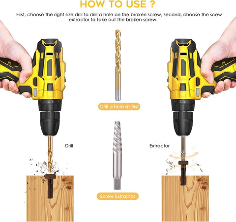 Demonstration of Heavy Duty Bolt Extractor And Screw Extractor Kit With Cobalt Drill Bits drilling and extracting in wood block.