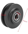 Close-up view of a sliding barn door roller, 7cm diameter, with a zinc alloy housing and nylon wheel designed for smooth glide.