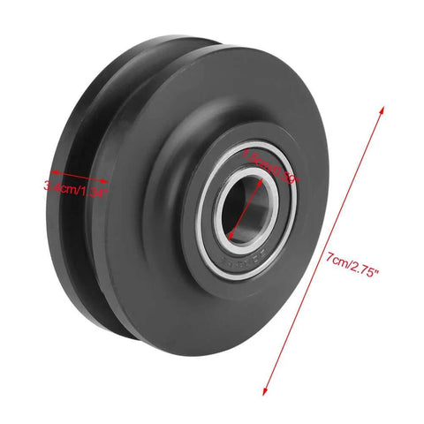 Close-up view of a sliding barn door roller, 7cm diameter, with a zinc alloy housing and nylon wheel designed for smooth glide.