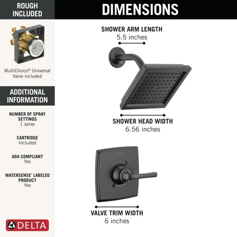 Geist 14 Series Matte Black Shower Faucet Set With Shower Head And Handle, Valve Trim Kit Included, Valve dimensions guide.