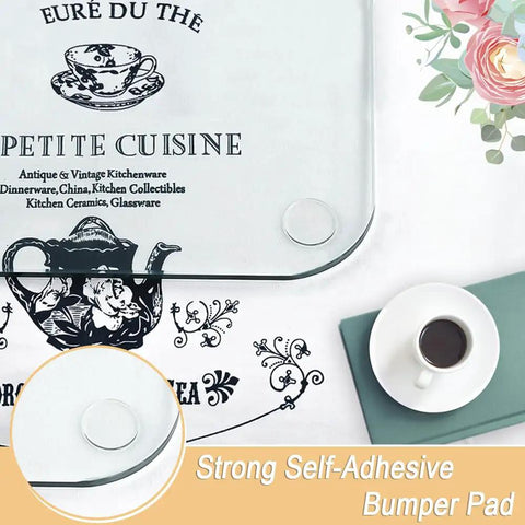 Heavy Duty Self Adhesive Clear Furniture Bumpers hold glass tabletop while coffee cup rests on soft tablecloth.
