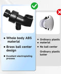 Heavy Duty Handheld Shower Head Holder Mount With Adjustable Arm And Brass Swivel Ball Joint, Premium ABS Bracket, Black Finish, No Fuss Install, Built To Handle High Water Pressure And Securely Connect Hose And Arm; black ABS holder shown with brass ball joint