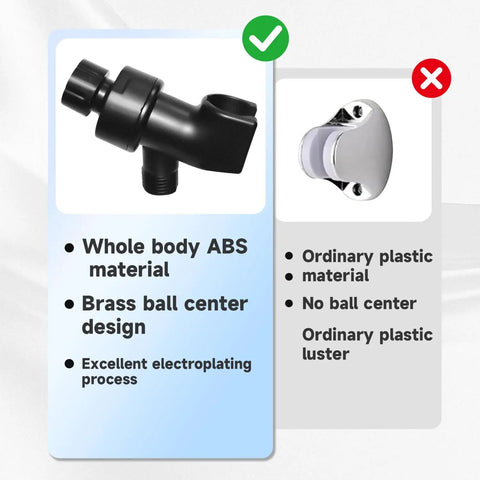 Heavy Duty Handheld Shower Head Holder Mount With Adjustable Arm And Brass Swivel Ball Joint, Premium ABS Bracket, Black Finish, No Fuss Install, Built To Handle High Water Pressure And Securely Connect Hose And Arm; black ABS holder shown with brass ball joint