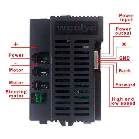 12V Power Wheels Controller Box Upgrade Kit with Remote Control, showing connections for power, motor, and steering motor ports.