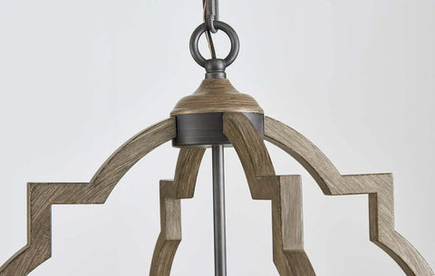 Close-up of wood grain detail on 4 Light Farmhouse Chandelier For Dining Room Rustic Black Globe Orb Drum Pendant With Wood Grain Metal Frame