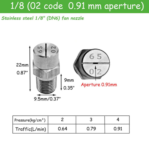 4 Pack 65 Degree Flat Fan Spray Nozzles 1/8 NPT Stainless Steel 304 Rust Resistant High Temp Durable Industrial Sprayers With Clog Proof Internal Channels For Smooth Even Coverage And Long Lasting Performance. 1/8 NPT stainless steel fan nozzle, 0.91 mm aperture