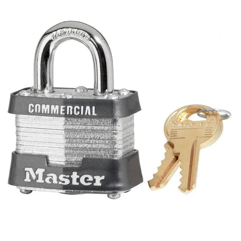 Bulk 12-Pack 1-1/2 Inch Laminated Padlocks, Keyed Alike 3KA-3210, 3/4 Inch Shackle with keys, shown with commercial lock