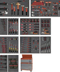 169 Piece Complete Tool Set Paired With Rolling Storage Cabinet Featuring Custom Eva Foam Cutouts For Wrench Collections And Socket Drivers a complete layout of tools and a rolling storage cabinet with organized tool slots.