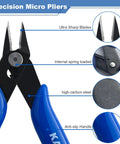 Close-up of Ten Pack Mini Wire Cutters For Electronics And Jewelry Making, Five Inch Flush Cut Nippers With Blue Handles