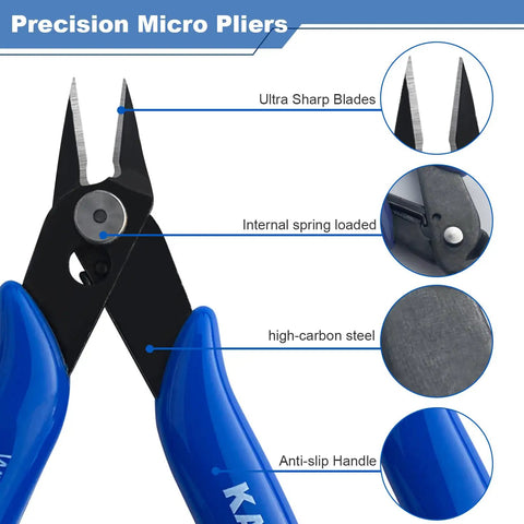 Close-up of Ten Pack Mini Wire Cutters For Electronics And Jewelry Making, Five Inch Flush Cut Nippers With Blue Handles