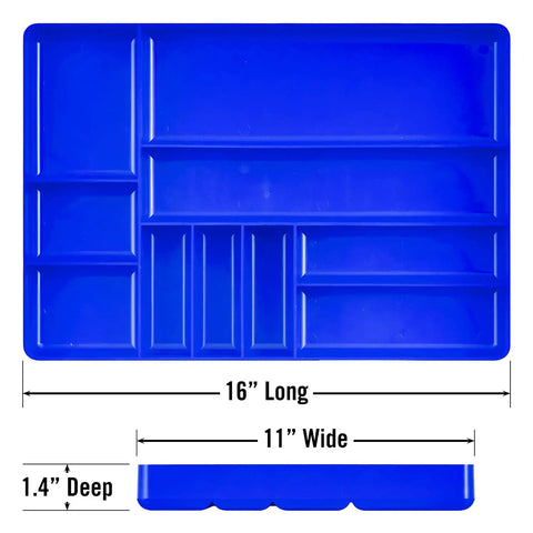 Heavy Duty 10 Compartment Drawer Organizer For Garage Tool Box Storage A Low Profile Stackable Tray Blue, dimensions shown