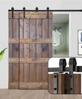 7.5 Foot Bypass Sliding Barn Door Hardware Kit For Low Ceiling With Overlapping Tracks installed on wooden doors.