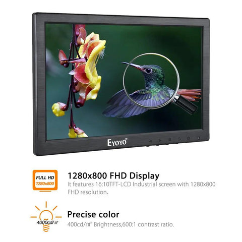 10 Inch IPS LCD Monitor With 1280x800 Resolution displaying vivid color bird image, highlighting 178 degree view.