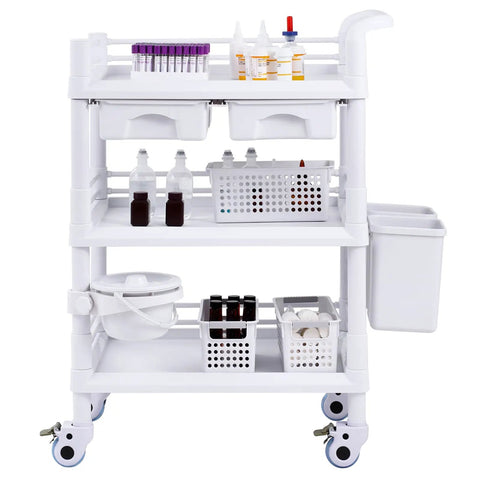 Medical Mobile Trolley Cart With 2 Drawers And 3 Trash Cans, 3 Tier Rolling Utility Cart With 4 Silent Wheels, Buckets And Bowl
