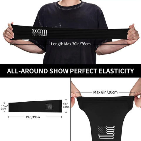 Premium Ice Silk Cooling Arm Sleeves UV Blocking Sun Shield For Mechanics And Side Hustles With Patriotic Print shown stretched to demonstrate elasticity.