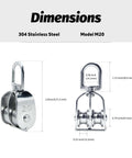 Beefy Double Wheel Swivel Pulley Block M20 dimensions; 304 stainless steel, 2.81 inches long, twin sheave diagram.