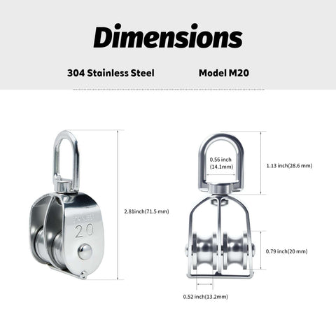 Beefy Double Wheel Swivel Pulley Block M20 dimensions; 304 stainless steel, 2.81 inches long, twin sheave diagram.