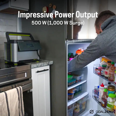 Yeti Portable Power Station 499 Watt Hour LiFePO4 Battery in kitchen powering refrigerator