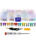 100 Piece Car Fuse Kit With Tester And Puller for cars trucks boats, multi-colored fuses, tester, puller in plastic case