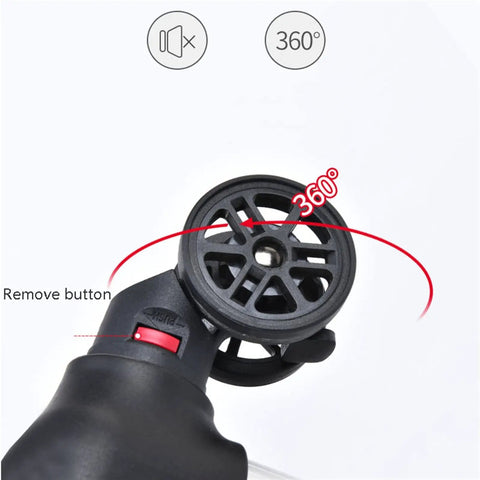 Close-up of a black 360-degree rotating mechanism with a red remove button.