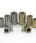 Top Quality Flat Head Threaded Inserts M3 To M10 Pack Of 2 10 Pcs Zinc Plated Steel Knurled Rivet Nuts arranged in various sizes.
