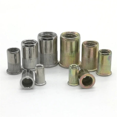 Top Quality Flat Head Threaded Inserts M3 To M10 Pack Of 2 10 Pcs Zinc Plated Steel Knurled Rivet Nuts arranged in various sizes.