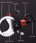 Badass 8900W Brushless Electric Wall Saw With Diamond Blade And Auto Water Cooling For Smooth Concrete Grooving and detailed components.