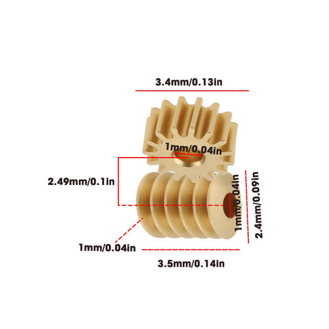 Two Pack 1 To 87 HO Scale Worm Gear Set With 15 Teeth 0.2 Module And 1mm Worm dimensions shown in close-up.