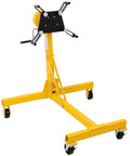 Heavy Duty 1000 Lbs Folding Engine Stand With Smooth Geared Rotating Head And True 360 Degree Swivel Base showing yellow steel frame and wheels.