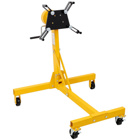 Heavy Duty 1000 Lbs Folding Engine Stand With Smooth Geared Rotating Head And True 360 Degree Swivel Base showing yellow steel frame and wheels.